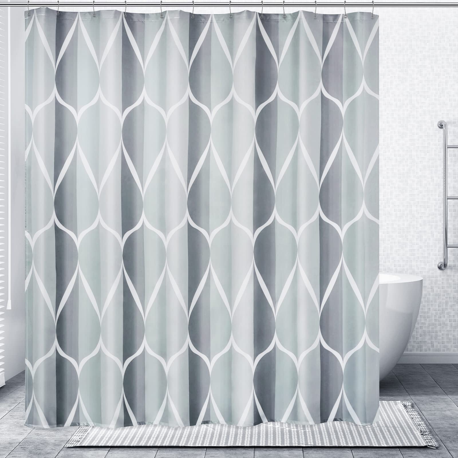 Grey Fabric Shower Curtain, Waterproof Design and Polyester, Quick-Drying, Weighted Hem, Shower Curtains Set for Bathroom W 72 x H 72, Durable and Washable with 12 Hooks